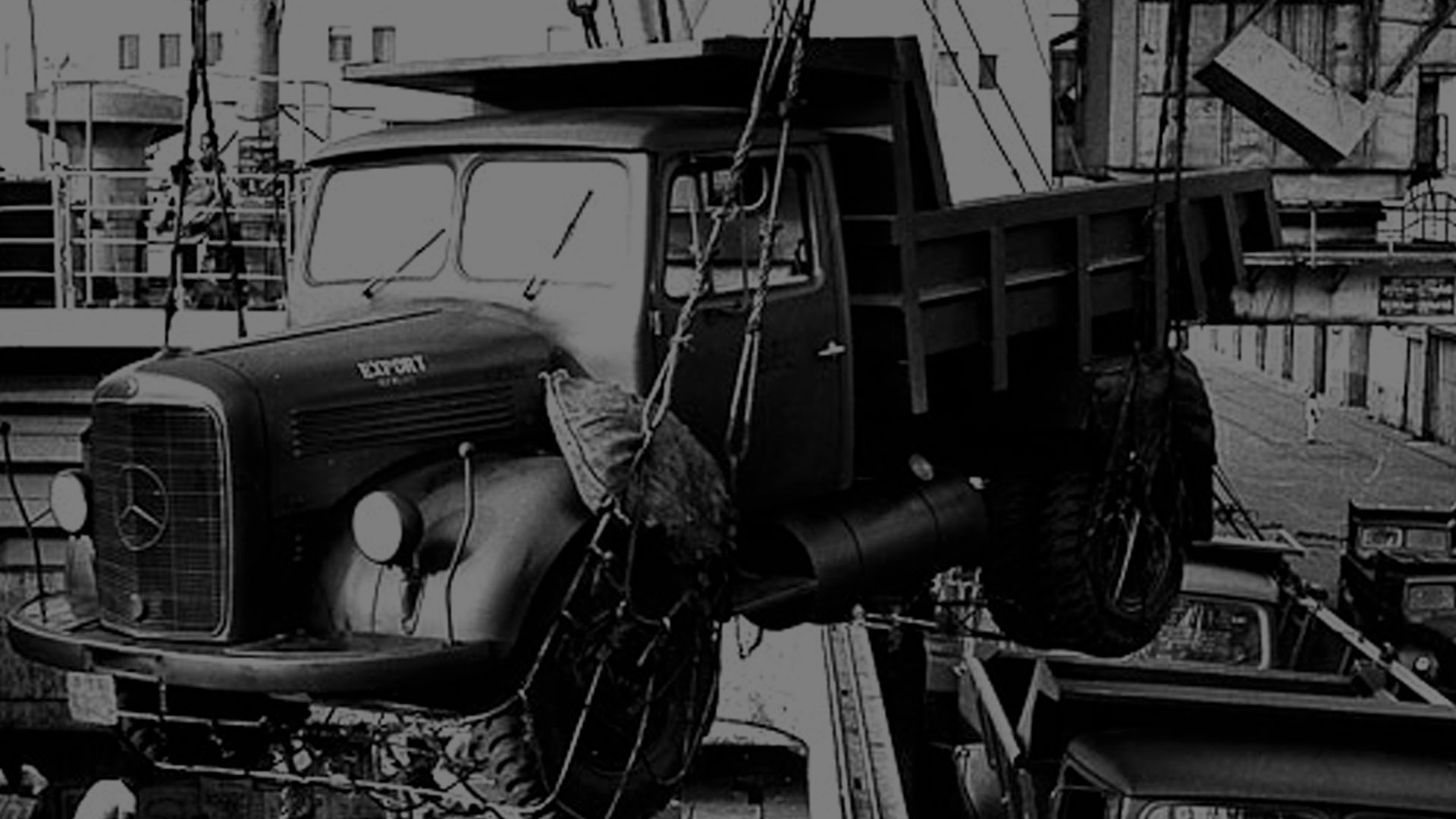 The first Tata Mercedes-Benz truck being loaded at Bombay docks 