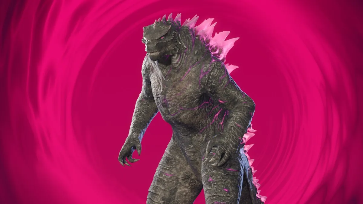 The Godzilla Evolved skin on a pinkish-red background in Fortnite