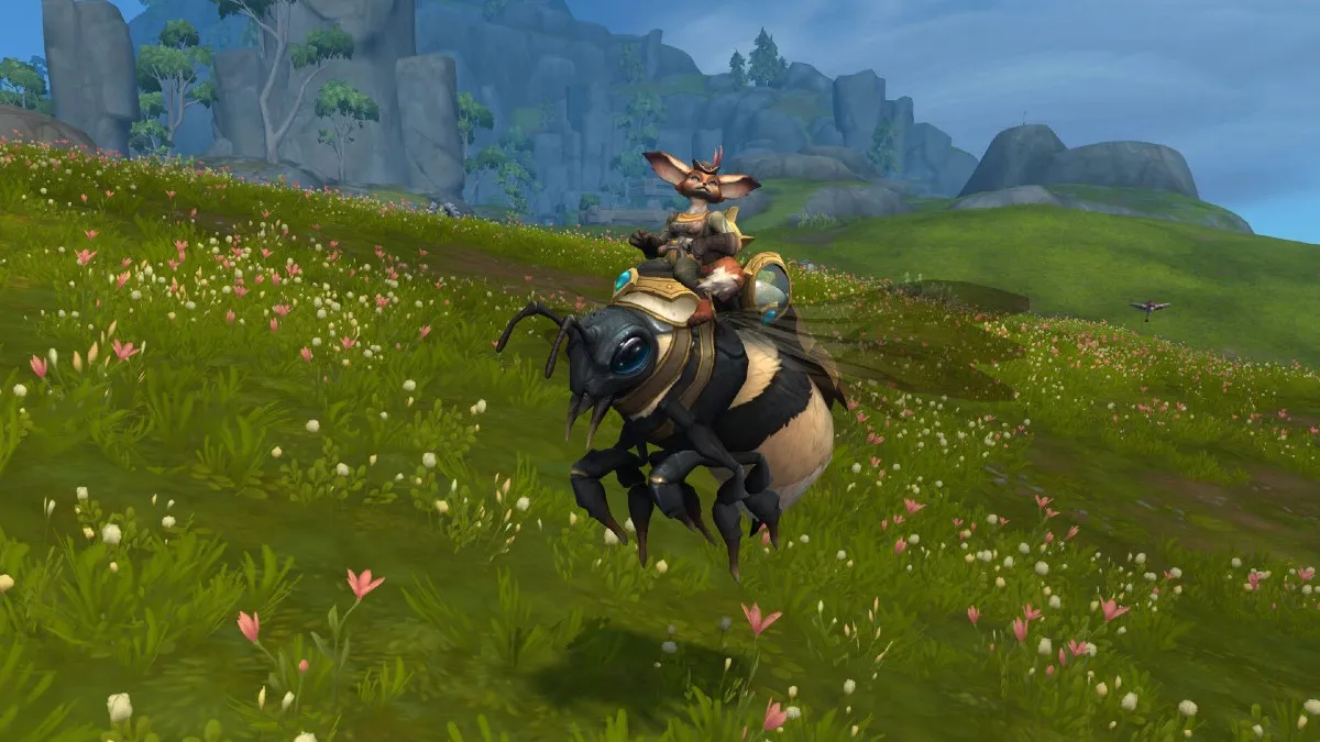 A Vulpera riding the Timely Buzzbee mount - a giant bee - in World of Warcraft